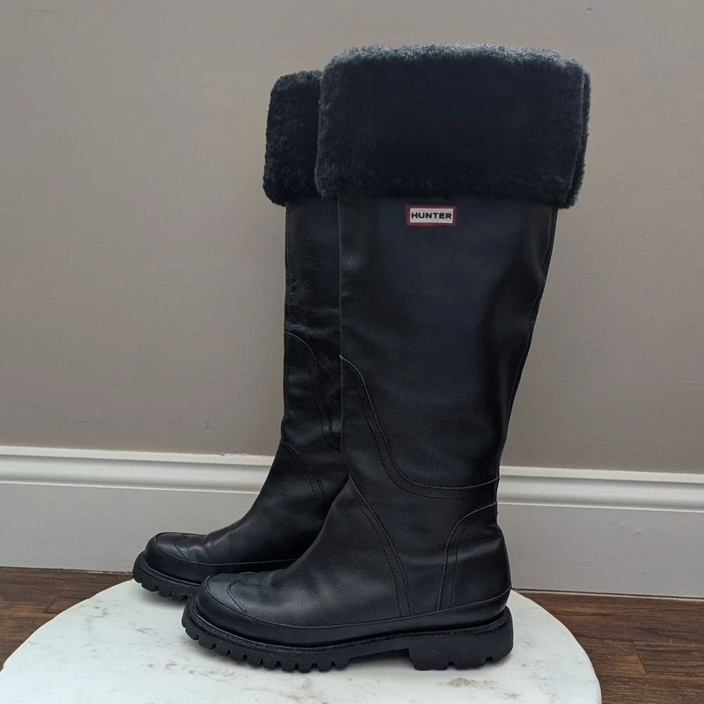 Hunter Steamboat Womens Sz 7 Black Leather Tall Boots Sheepskin Lined Waterproof